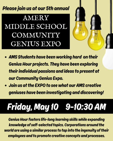 Genius Hour flyer.  Friday, May 10 from 9 to 10:30 am.