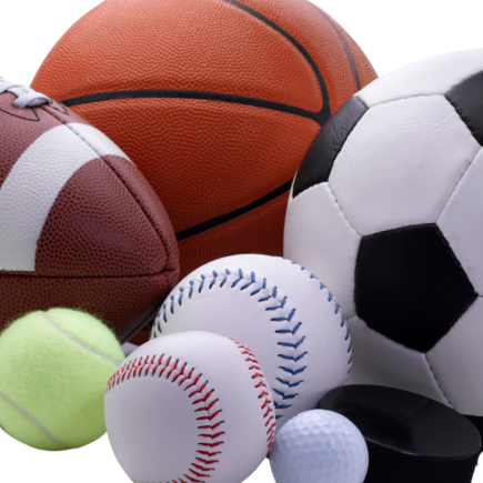 Basketball, football, tennis ball, baseball, softball, soccer ball, golf ball and hockey puck.