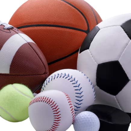 Basketball, football, tennis ball, baseball, softball, soccer ball, golf ball and hockey puck.