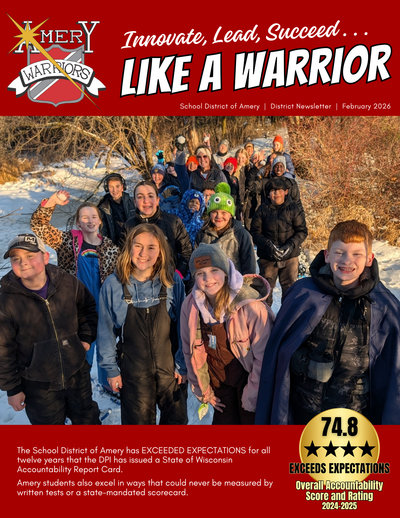 Cover image of school district achievement report with a photo of 2 students wearing headphones and working on their laptop computers.